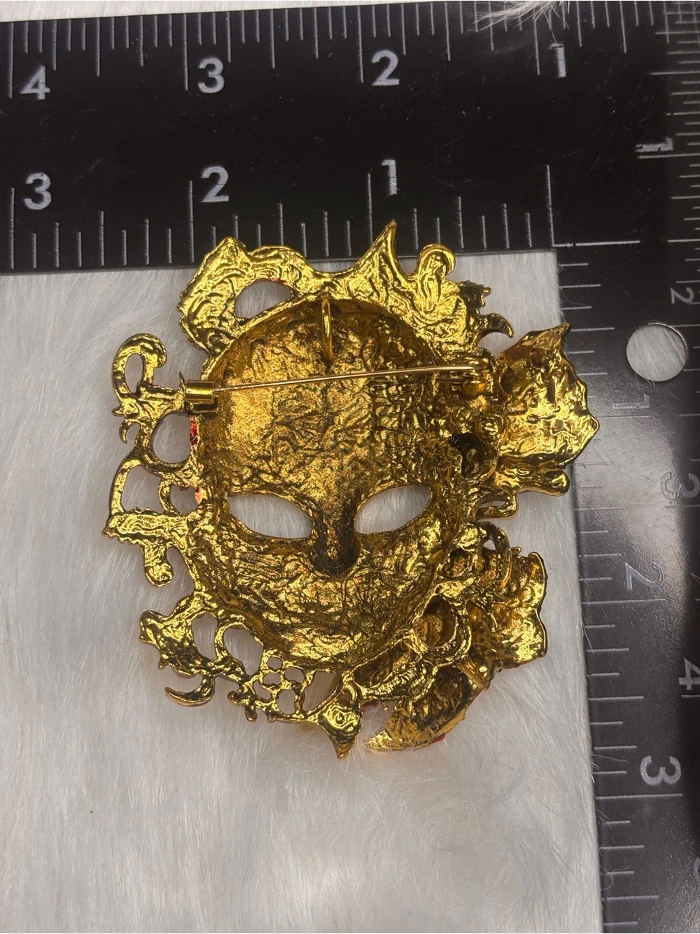Burgundy & Gold Venetian Masquerade Mask Brooch – Large Statement Pin